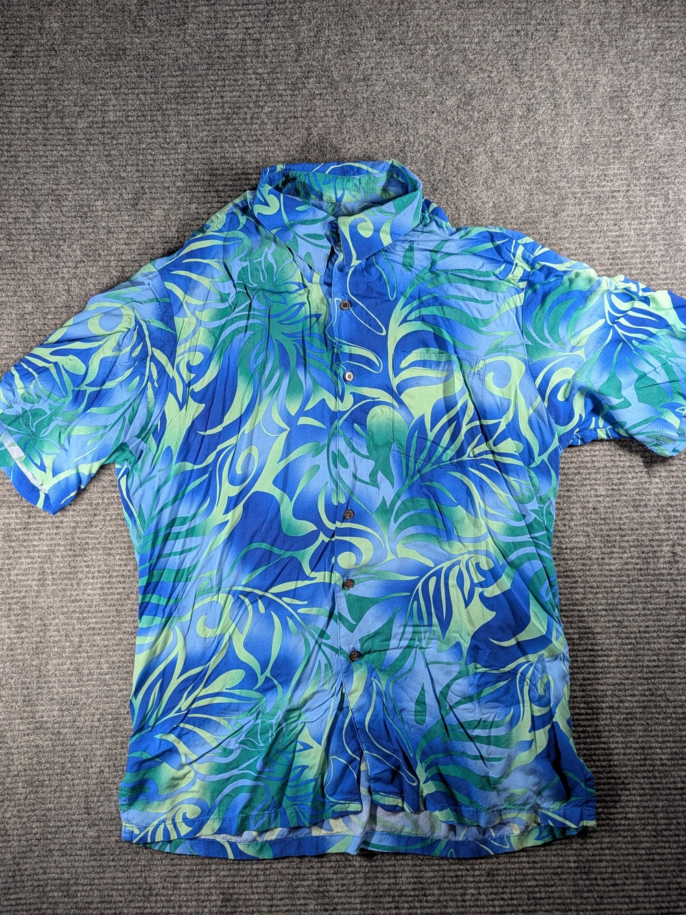 Kai Aloha Hawaiian Shirt Made in Hawaii Blue Green Tropical Botanical Men's Lg.